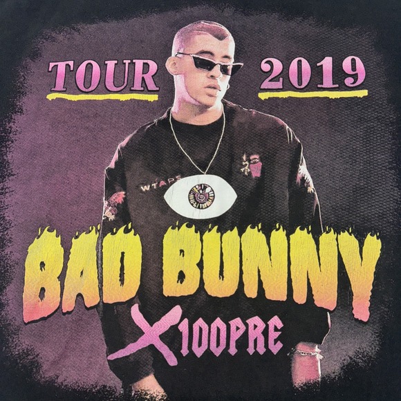 BAD BUNNY 2019 X100pre Tour Short Sleeve Black Shirt Medium Rap Tee - Picture 2 of 8